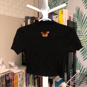 SHEIN | Cropped Tee With Embroidered Butterfly | Black
